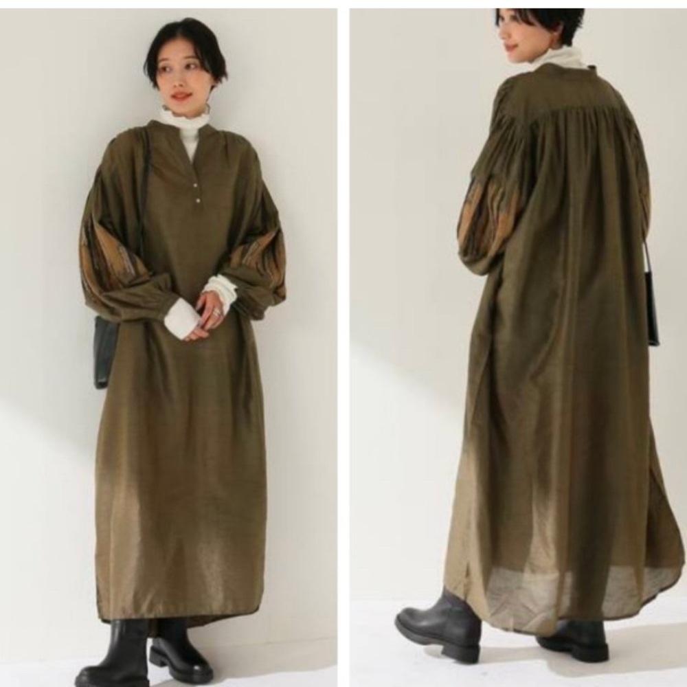 V. De. Vinster Embroidered Balloon Sleeve Maxi Dress Khaki - Picture 6 of 6